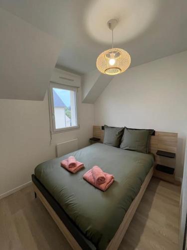 - une chambre avec un lit et 2 serviettes roses dans l'établissement Les Tilleuls, à Saint-Planchers