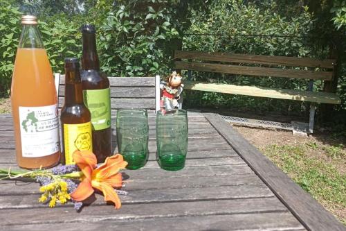 een picknicktafel met flessen en glazen en een bloem bij Chalet en Ardèche in Fabras