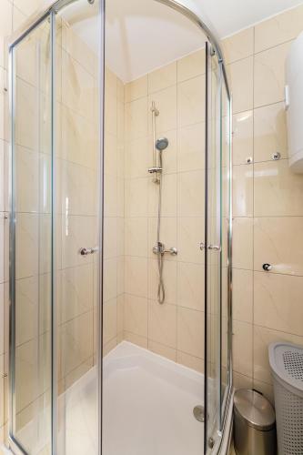 a shower with a glass enclosure in a bathroom at Apartments Crnko, 50m from the beach with free parking and drinkable tap water in Vir