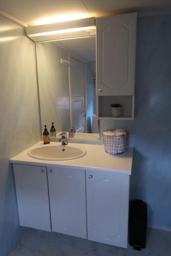 a bathroom with a sink and a mirror at Lillehuset in Kabelvåg