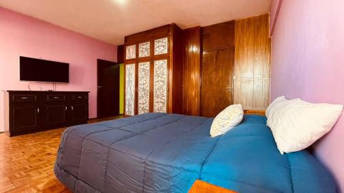 a bedroom with a blue bed and a tv at Black Sheep International Hostel in Mendoza