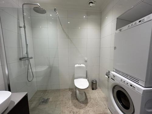 a bathroom with a toilet and a washing machine at Wonderful 3-bedroom APT in heart of Visby in Visby