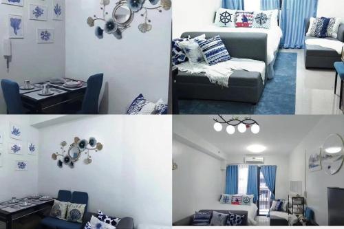 three pictures of a living room with a couch and a table at E & R Staycation Condotel near Mall of Asia in Manila