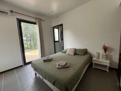 une chambre avec un lit et une grande fenêtre dans l'établissement Appartement T2 vue sur le Canigou, à Saint-Jean-Pla-de-Corts
