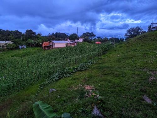 a grassy hill with a house and a field at El Monolito Camping in Ubaque