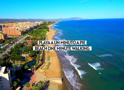 an aerial view of a beach with the words playania minivan minivan cape at Apartalux Magic Diamond in Oropesa del Mar