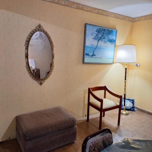 a living room with a chair and a mirror at AMPLIO DEPARTAMENTO temporario in La Plata
