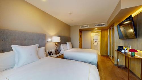 a hotel room with two beds and a television at Hotel Marquis Reforma in Mexico City