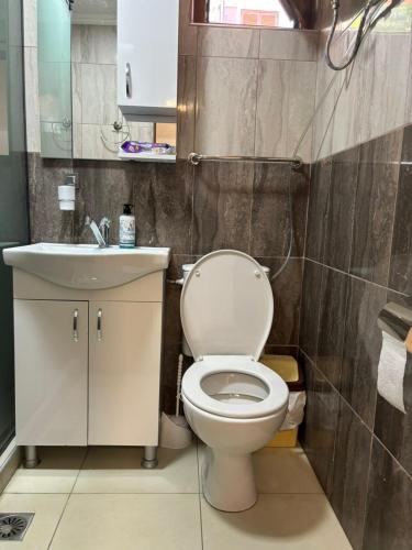 a bathroom with a toilet and a sink at Garden Haven 100m from the Sea in Siviri