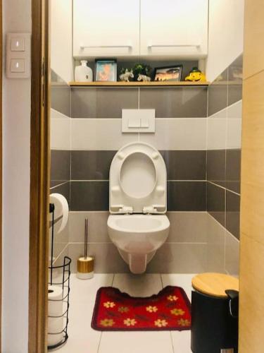 une petite salle de bains avec toilettes et tapis rouge dans l'établissement Appartement T 3 proche Gare, à Massy