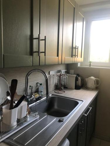 un comptoir de cuisine avec un évier et une fenêtre dans l'établissement Appartement T 3 proche Gare, à Massy
