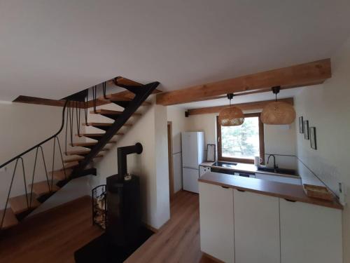 a kitchen with a spiral staircase in a house at Dom Geografów in Swornegacie 