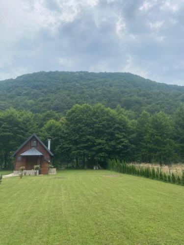 a barn in a field with a mountain in the background at Holiday Home UnaPark in Krakovo