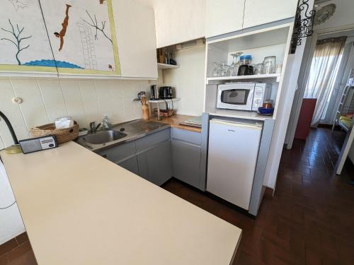- une cuisine avec un comptoir et un four micro-ondes dans l'établissement Charmant T2 traversant, plage à 100m, balcon, bien équipé, idéal 4 personnes - FR-1-797-3, à Port-la-Nouvelle