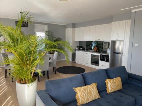 a living room with a blue couch and a kitchen at Seabreeze Hotel in Nelson Bay