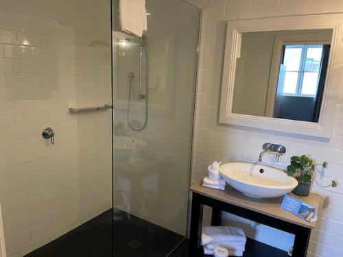 a bathroom with a sink and a shower at Seabreeze Hotel in Nelson Bay