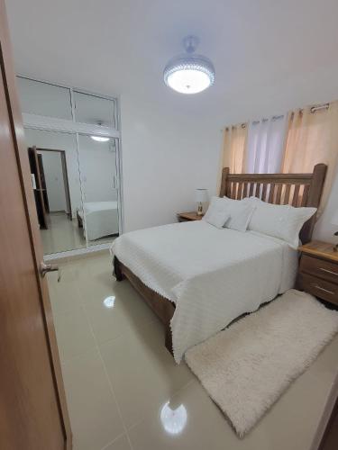 a bedroom with a large bed and a mirror at Sendero del Botánico in Santiago de los Caballeros