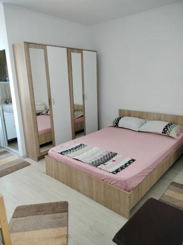 a bedroom with a large bed with a pink blanket at Kociu's House in Constanţa