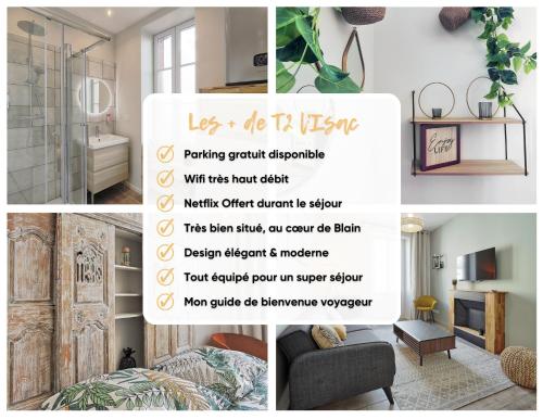 un collage de photos d'un salon avec un panneau dans l'établissement Centre-ville - Fibre - Netflix - T2 L'ISAC, à Blain