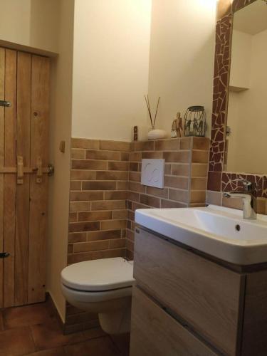a bathroom with a sink and a toilet and a mirror at Apartmán Štrobl in Borovany