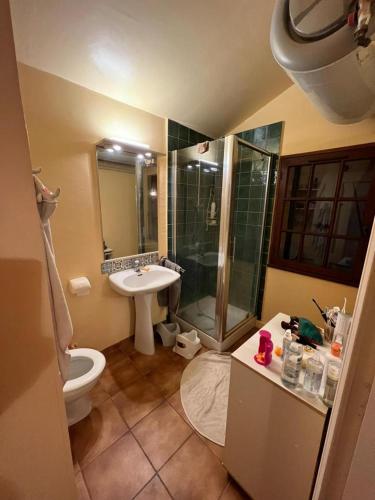 une salle de bain avec une douche, des toilettes et un lavabo dans l'établissement Villa au calme avec piscine, au Luc