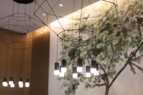 a chandelier hanging in a room with a plant at Hotel Stage in Hong Kong