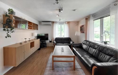 VittsjöにあるAwesome Home In Vittsjö With Wifiのリビングルーム(黒い革張りのソファ、テーブル付)