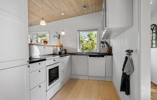 a kitchen with white cabinets and a wooden ceiling at Stunning Home In Middelfart With Wifi in Middelfart