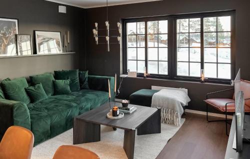 a living room with a green couch and a table at Gorgeous Apartment In Idre With Sauna in Idre