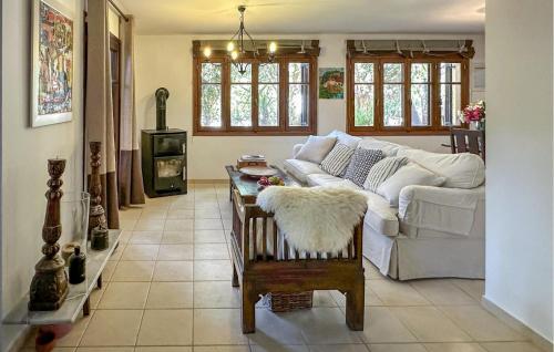 a living room with a white couch and a wood stove at Pet Friendly Home In Astros Arkadia in Astros