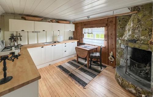 a kitchen with a table and a fireplace at 3 Bedroom Beautiful Home In Mysusæter in Mysusæter