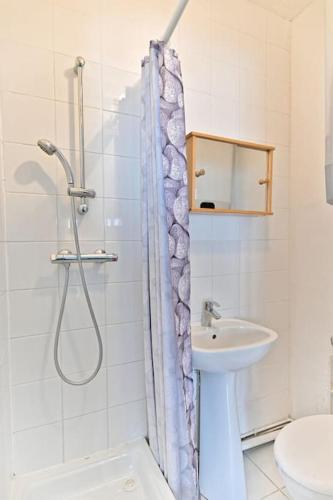 une salle de bain avec douche et lavabo dans l'établissement Appartement cosy et coloré au cœur de Paris, à Paris