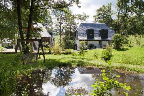 a house with a pond in the yard at Michels Mühle - Pitt sin Atelier in Brilon