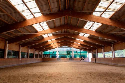an empty barn with a large room with windows at AP-RANCH Ferienzimmer Sternenblick in Lochen