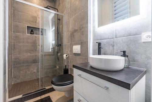 une salle de bain avec un lavabo, des toilettes et une douche dans l'établissement Studio Cosy - Hypercentre Rouen - Rue Vicomté, à Rouen