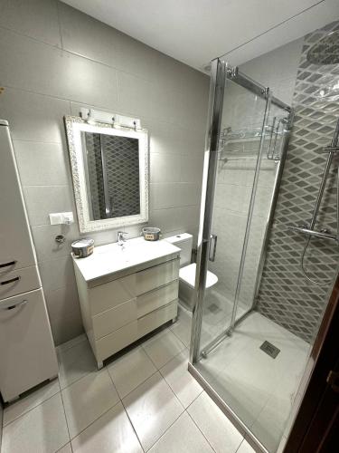 a bathroom with a sink and a shower at Suances primera línea de playa in Suances