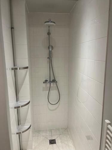 une douche avec pommeau de douche dans une salle de bain dans l'établissement Le petit appartement d’Arles, à Arles