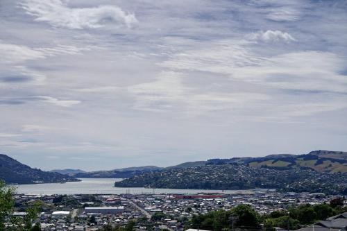 a city with a large body of water and mountains at Hidden Gem In Calton Hill in Dunedin
