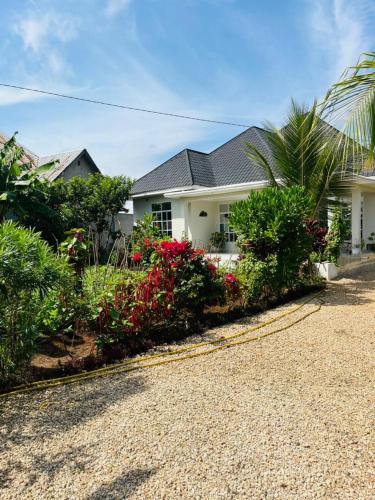a house with flowering plants in front of a driveway at Blossom House Zanzibar in Kitongani