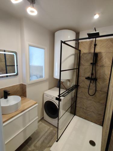 une salle de bain avec douche et lavabo et une machine à laver dans l'établissement Charmant T4, Proche des Remparts, à Avignon