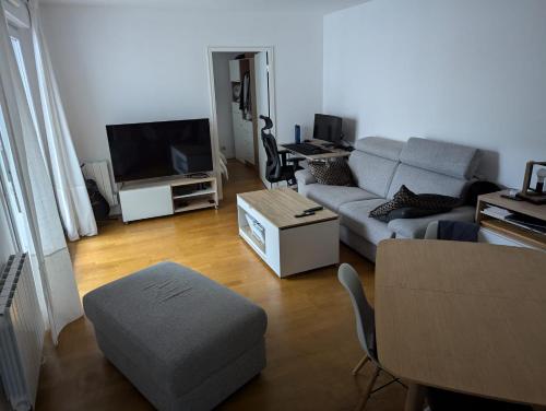 un salon avec un canapé et une télévision dans l'établissement Prox Stade France appart 2P Chaleureux, à Saint-Denis