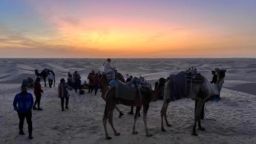 a group of people riding camels in the desert at Camp Dunes Insolites Sabria in Sabria