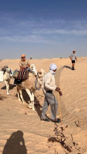 a man walking a camel in the desert at Camp Dunes Insolites Sabria in Sabria