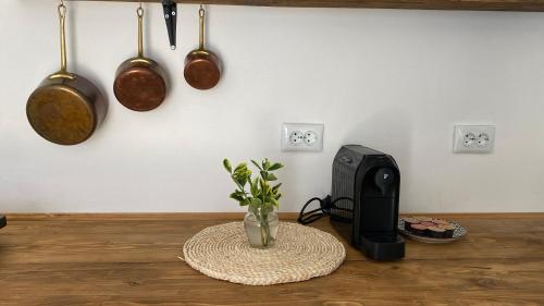 una stanza con un tavolo con una macchina per il caffè e pentole e padelle di Blue Cottage a Şpring