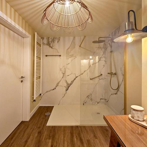 a bathroom with a shower and a chandelier at Casa da Fidalga in Outeiro de Gatos