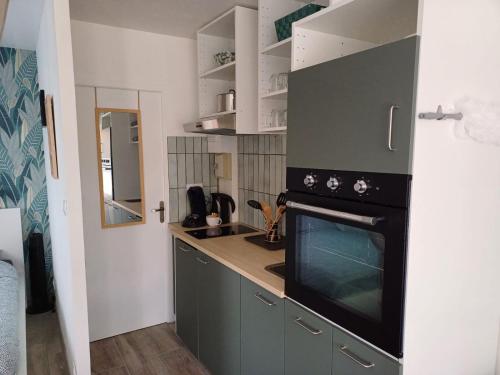 une cuisine avec un évier et une cuisinière four supérieur dans l'établissement La chaumière en bord de mer, à Les Sables-dʼOlonne