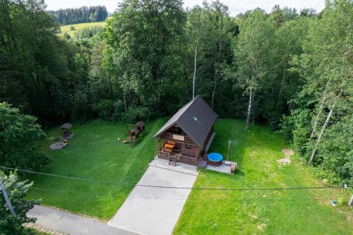 an aerial view of a small cabin in the grass at Agroturystyka W oddali z balią in Międzylesie