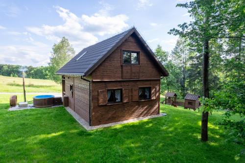 a small wooden house in a field of grass at Agroturystyka W oddali z balią in Międzylesie