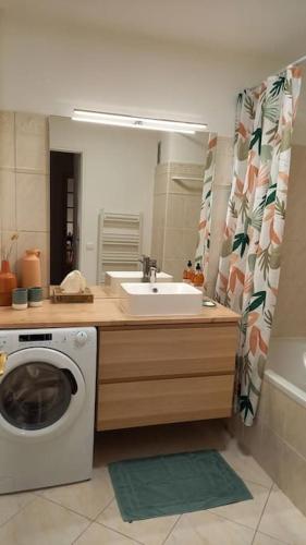 une salle de bain avec une machine à laver et un lavabo dans l'établissement La Parenthèse Normande, à Villers-sur-Mer