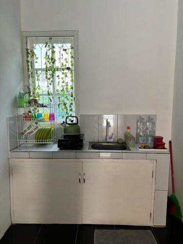a kitchen with a counter with a sink and a window at Adrian Family Homestay in Ngabean